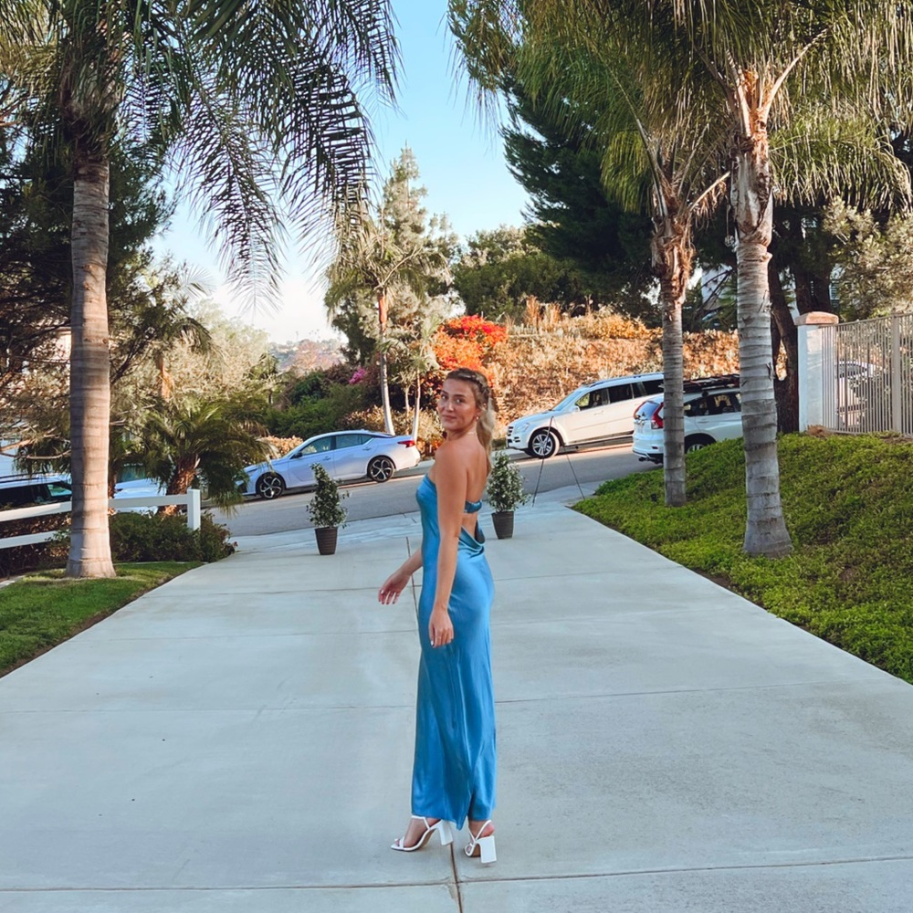 blue maxi strapless and low back satin dress. size medium.